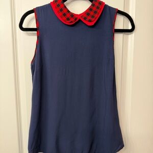 ModCloth Navy Sleeveless Top with Red Buffalo Plaid Peter Pan Collar